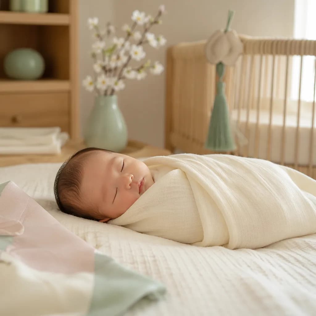 Sleeping newborn in a soft Korean-inspired pastel nursery.