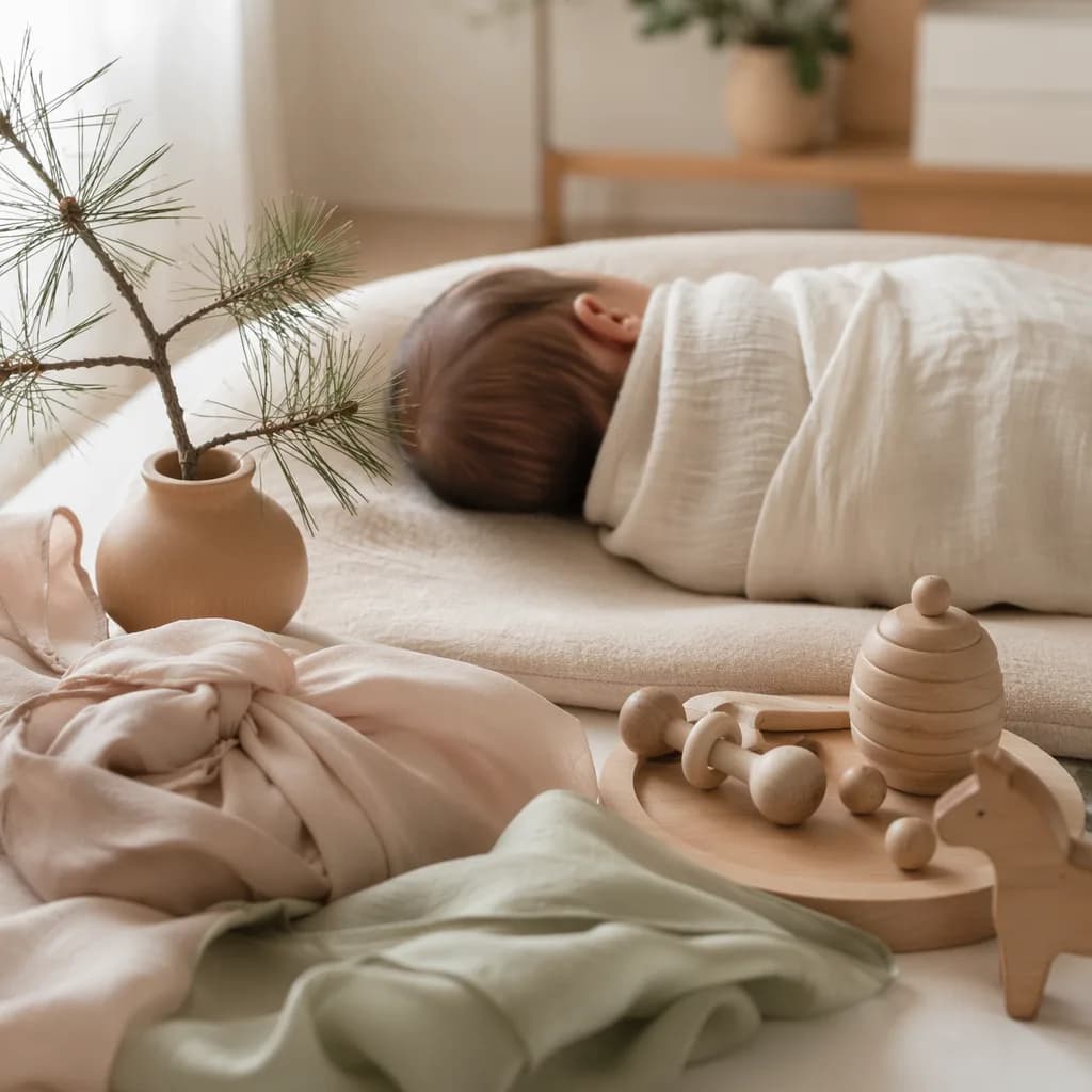 Soft Korean-inspired nursery scene with a swaddled baby, pine sprig, and pastel fabric.