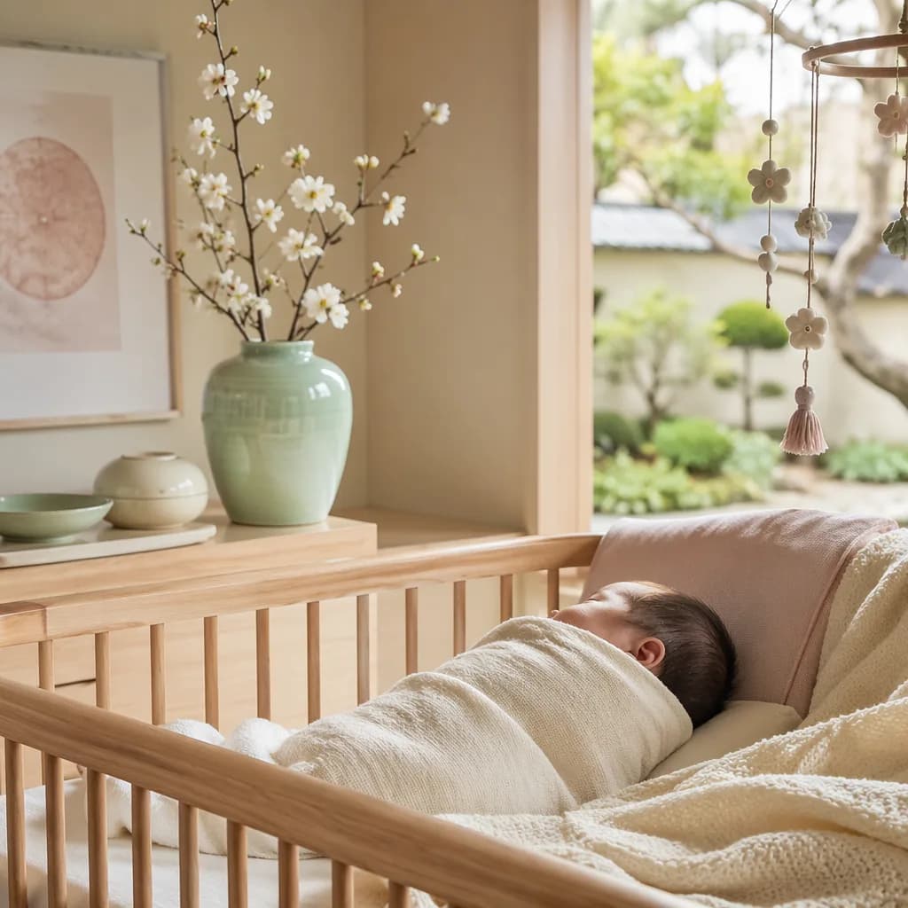 A peaceful Korean-inspired nursery with a swaddled sleeping baby, soft blossoms, and warm pastel light.