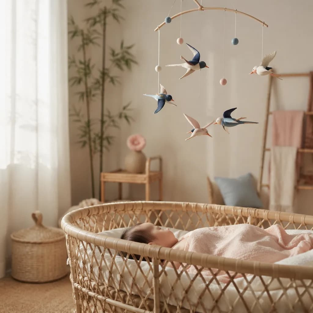 Soft nursery scene with a sleeping baby and swallow bird mobile, inspired by the Vietnamese name Yến.