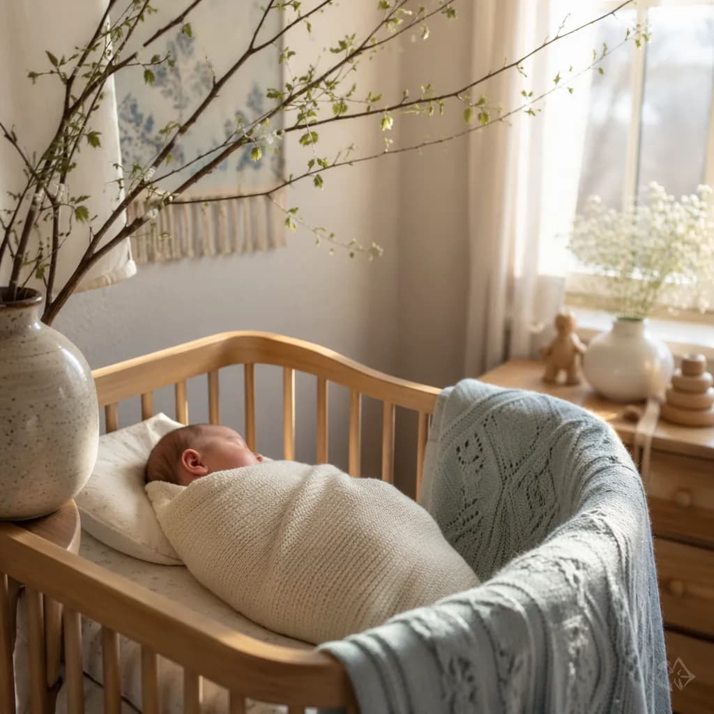 Sleeping baby in a soft pastel Russian-inspired nursery with gentle natural light.