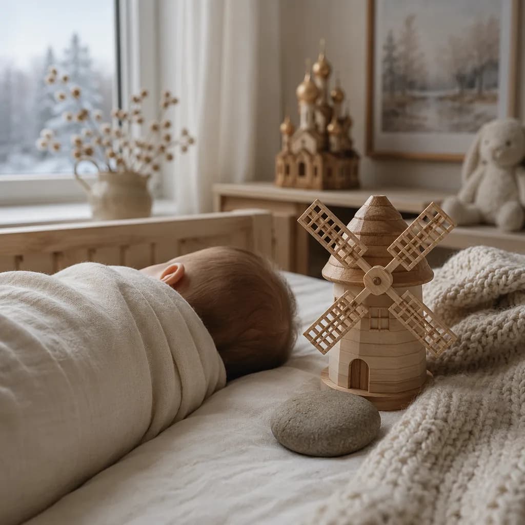 Sleeping swaddled baby in a cozy pastel nursery with wooden toy mill and stone accents.