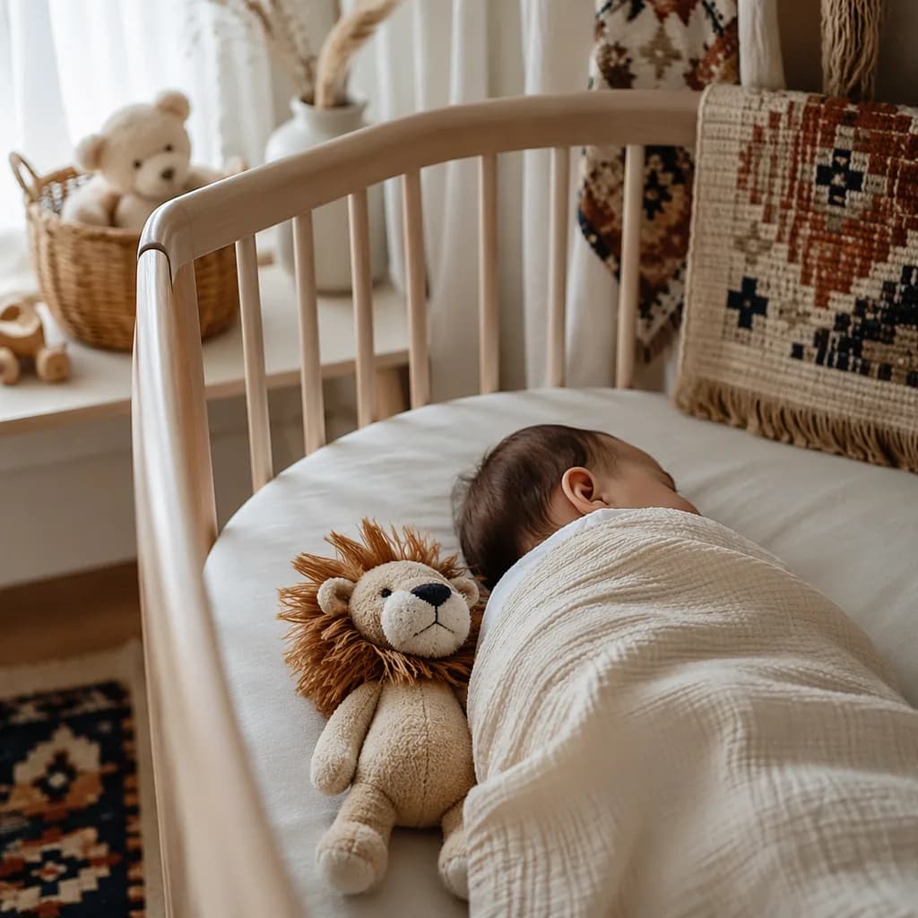 Peaceful baby nursery with soft Turkish-inspired accents and a plush lion symbolizing bravery.