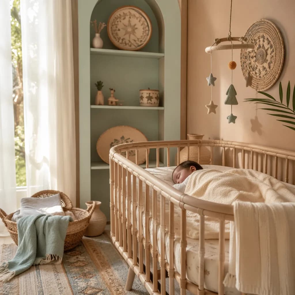 Sleeping Arabic baby in a warm pastel nursery with subtle Egyptian-inspired decor.