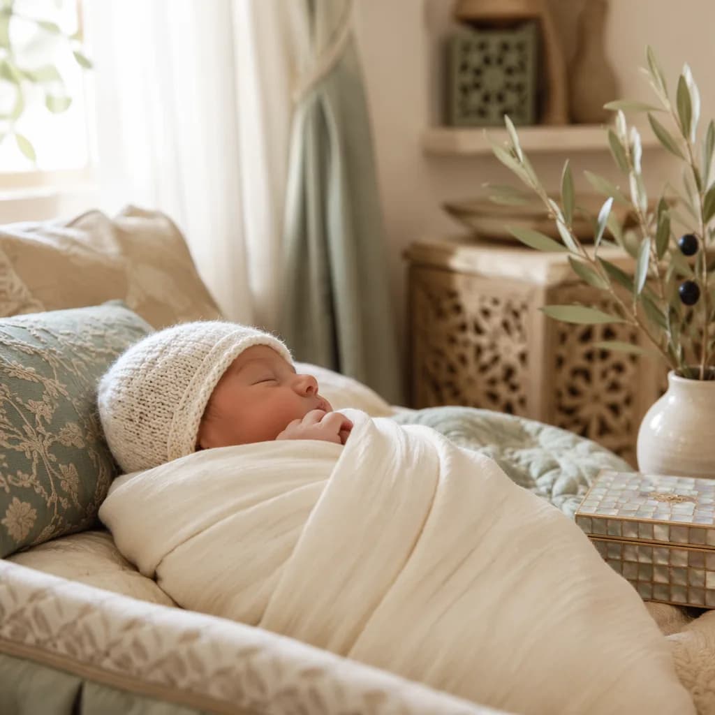 A softly lit Arabic-inspired nursery with a swaddled newborn and olive branch accents.