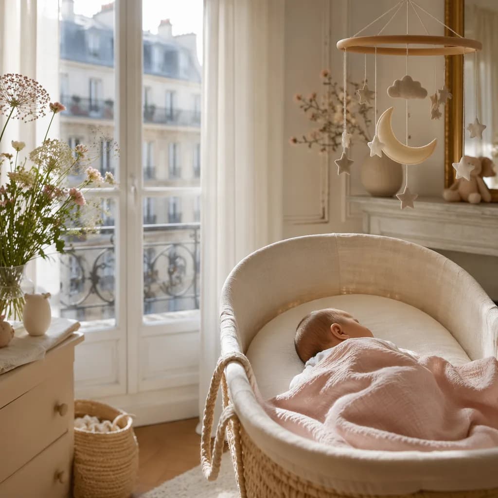 Soft pastel French nursery with a peaceful non-identifiable baby and moon mobile