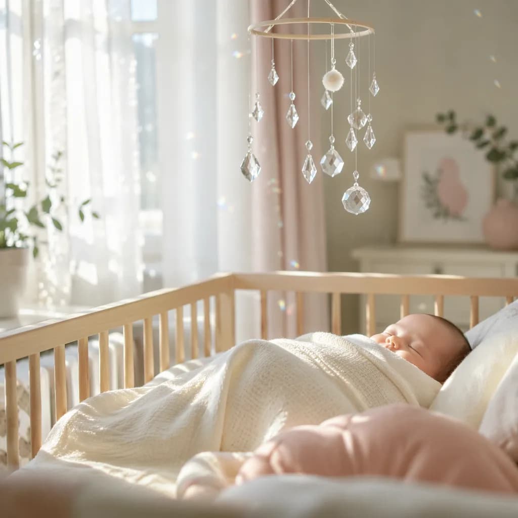A peacefully sleeping newborn in a soft pastel nursery with gentle crystal-like light reflections.