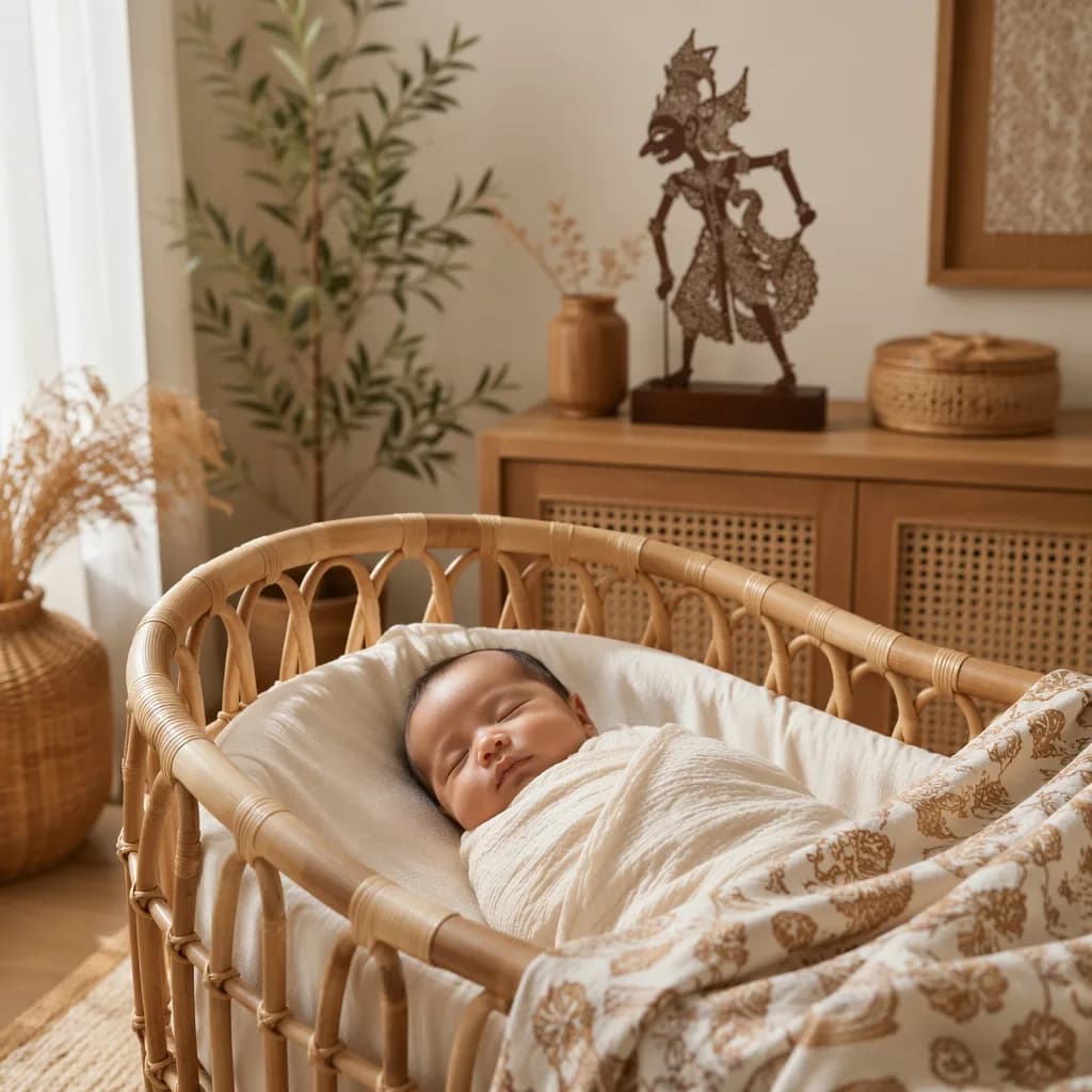 Sleeping Indonesian baby in a warm pastel nursery with subtle cultural decor.