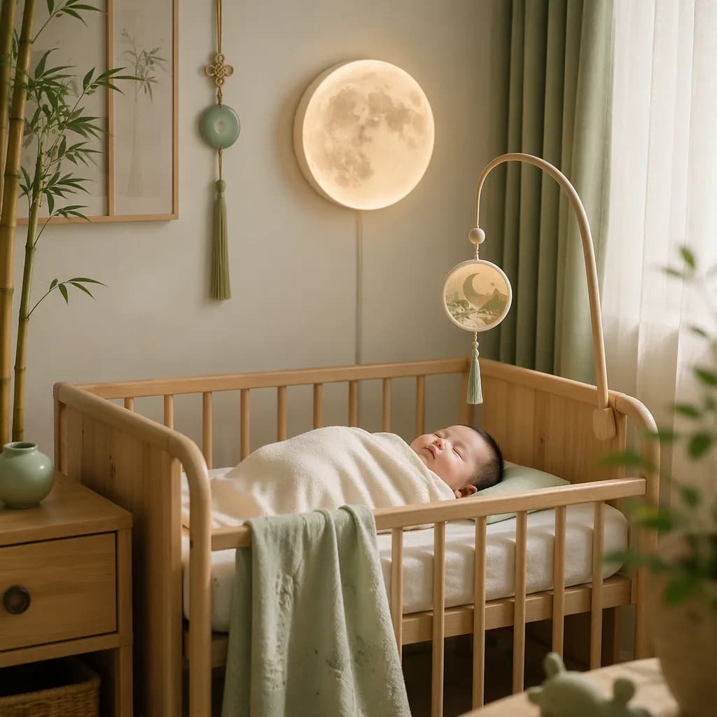 Sleeping baby in a soft moon-themed nursery with bamboo and jade accents