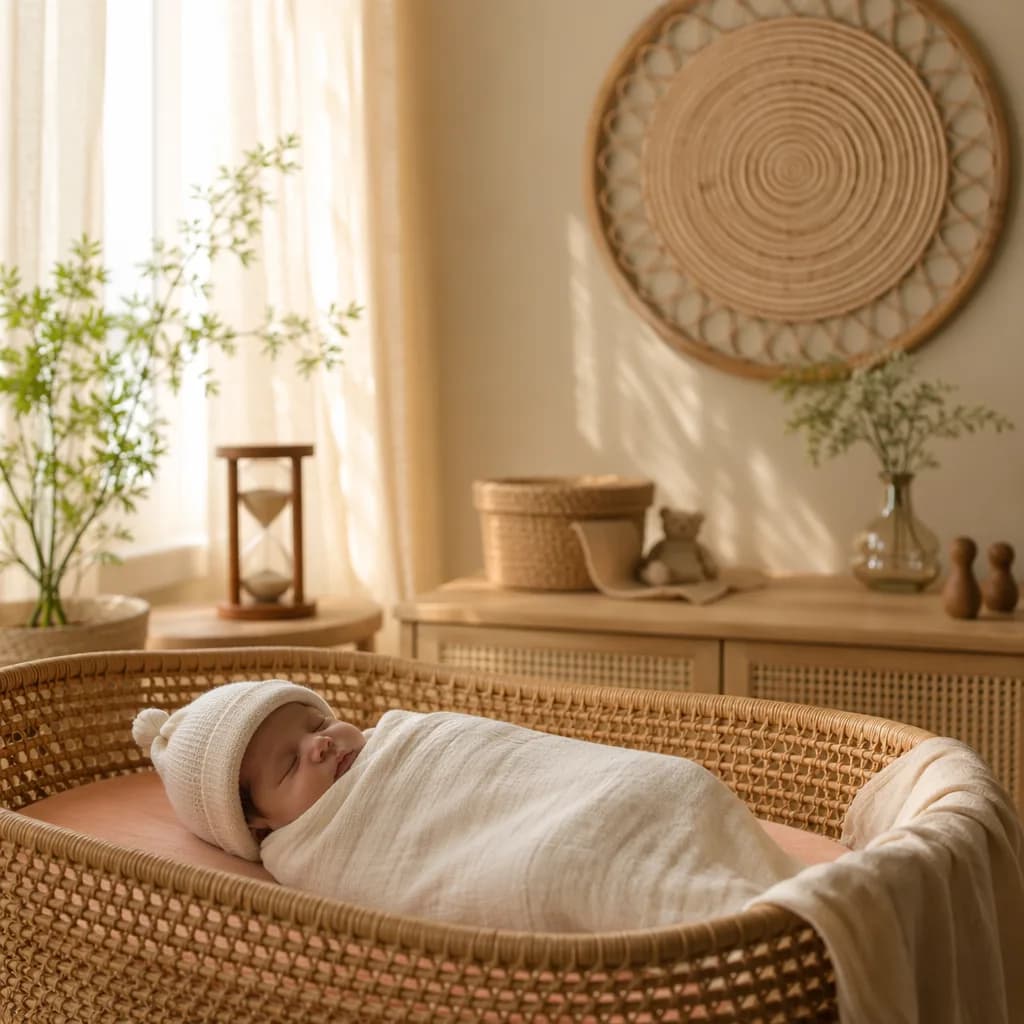 Sleeping baby in a warm pastel nursery with a small hourglass symbolizing time.