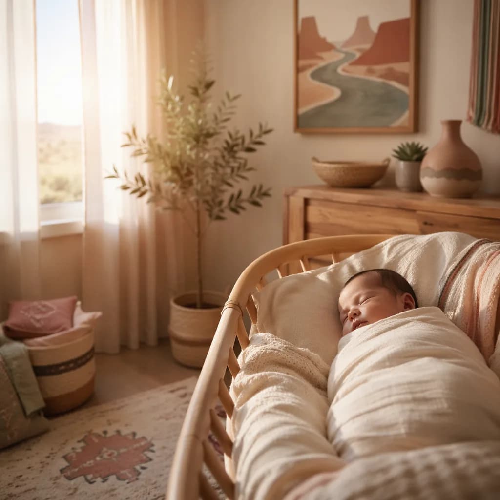 Sleeping newborn in a warm pastel Southwest-inspired nursery