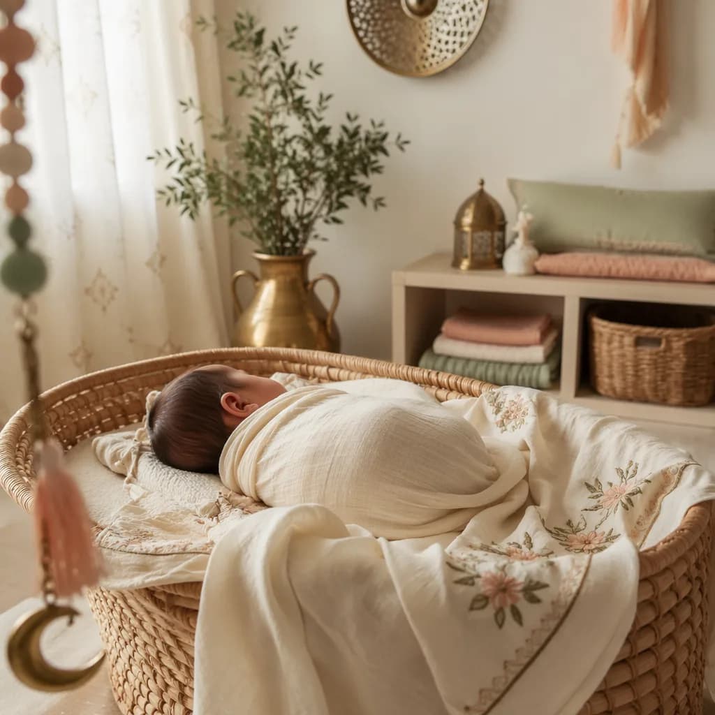 Soft pastel nursery scene with a swaddled newborn and gentle South Asian-inspired details.