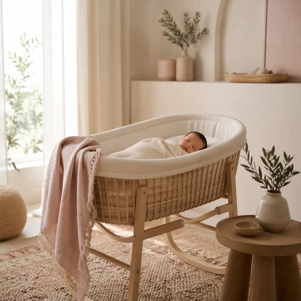 Serene pastel nursery with a swaddled newborn in soft natural light.