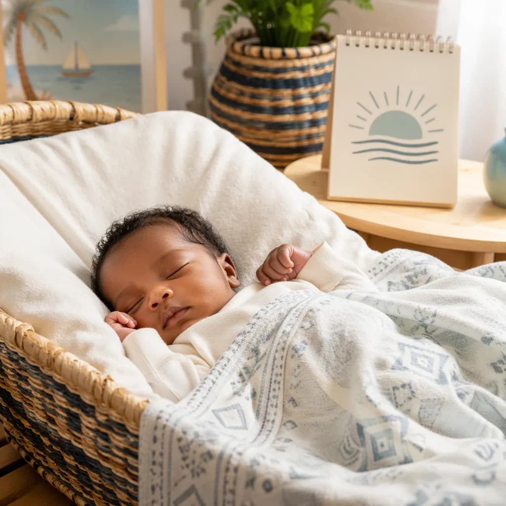 Sleeping newborn in a soft Swahili-inspired nursery with pastel coastal decor.