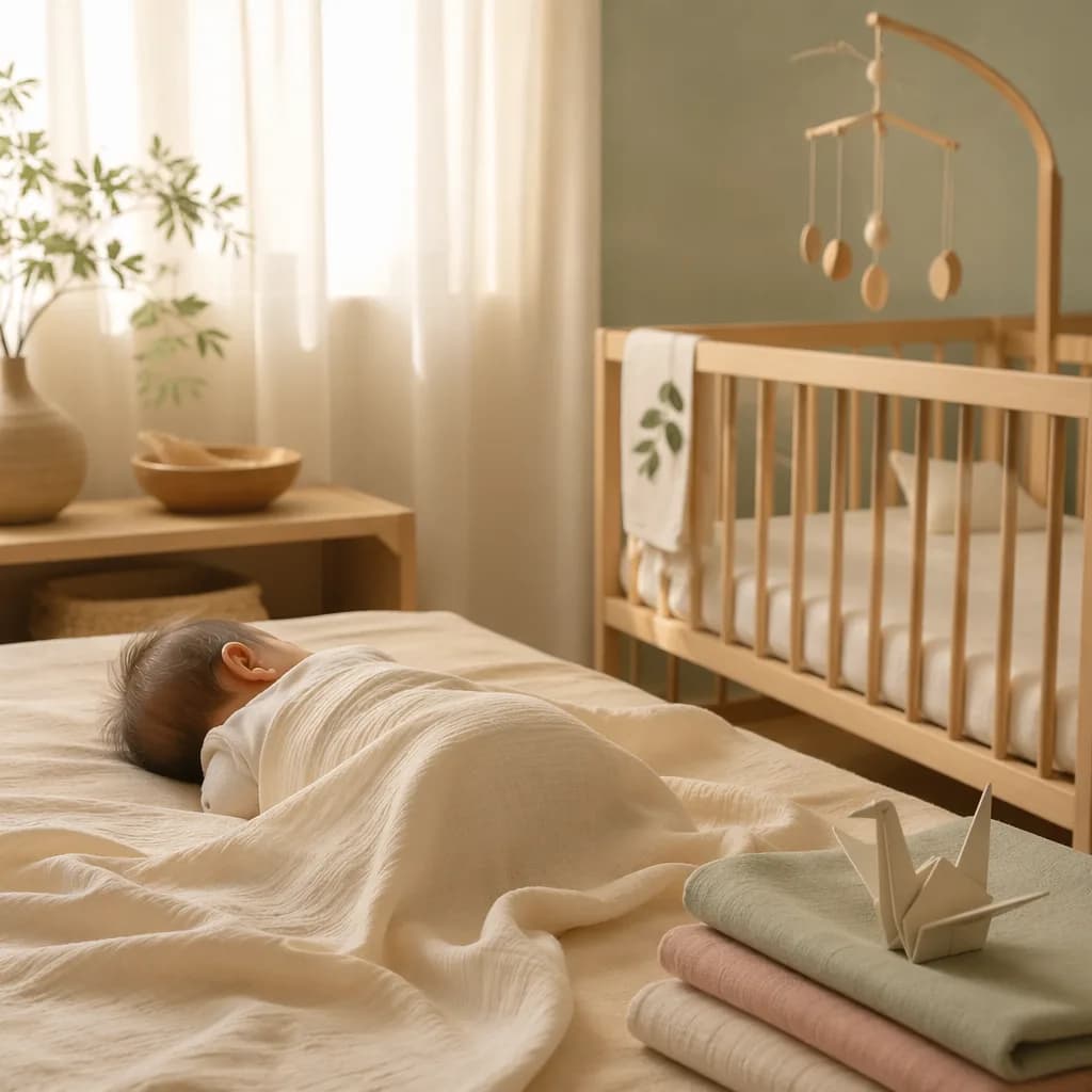 Soft Japanese-inspired nursery with a sleeping swaddled baby in gentle morning light.