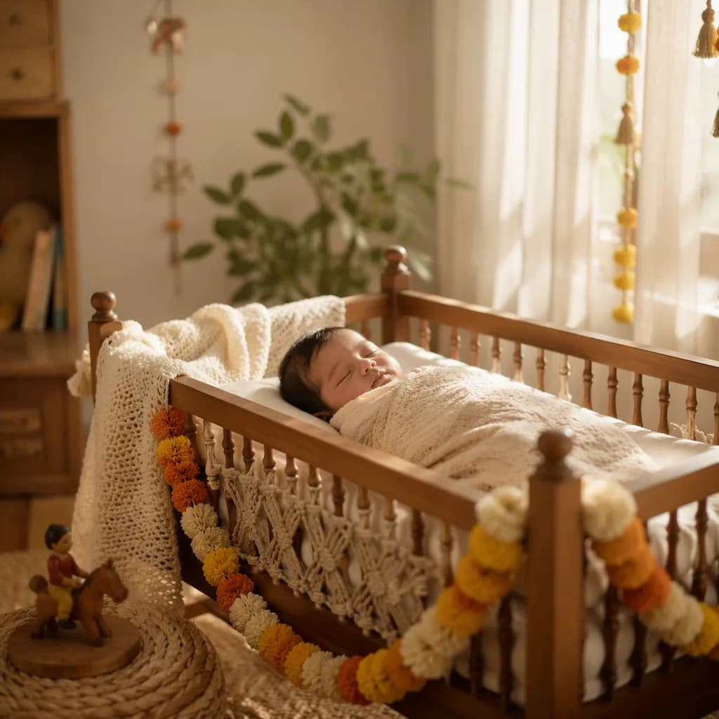 Sleeping baby in a cozy pastel nursery with gentle Indian-inspired details.