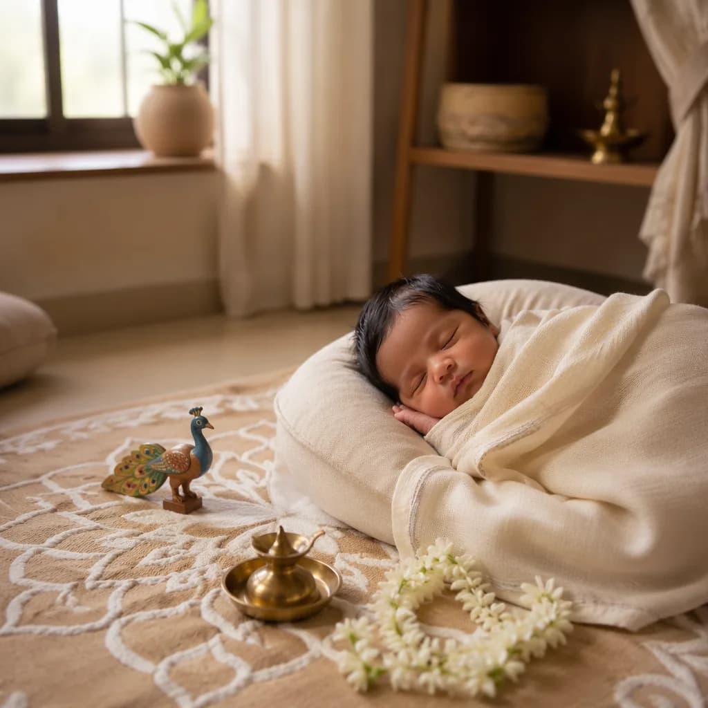 Sleeping Tamil baby in a soft pastel nursery with jasmine and traditional decor.