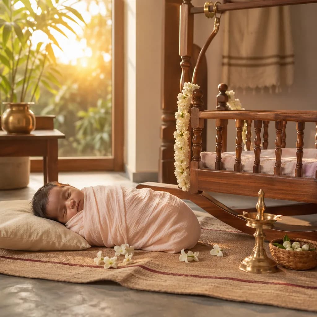 Sleeping baby in a soft Tamil-inspired nursery with warm sunrise light and jasmine accents.