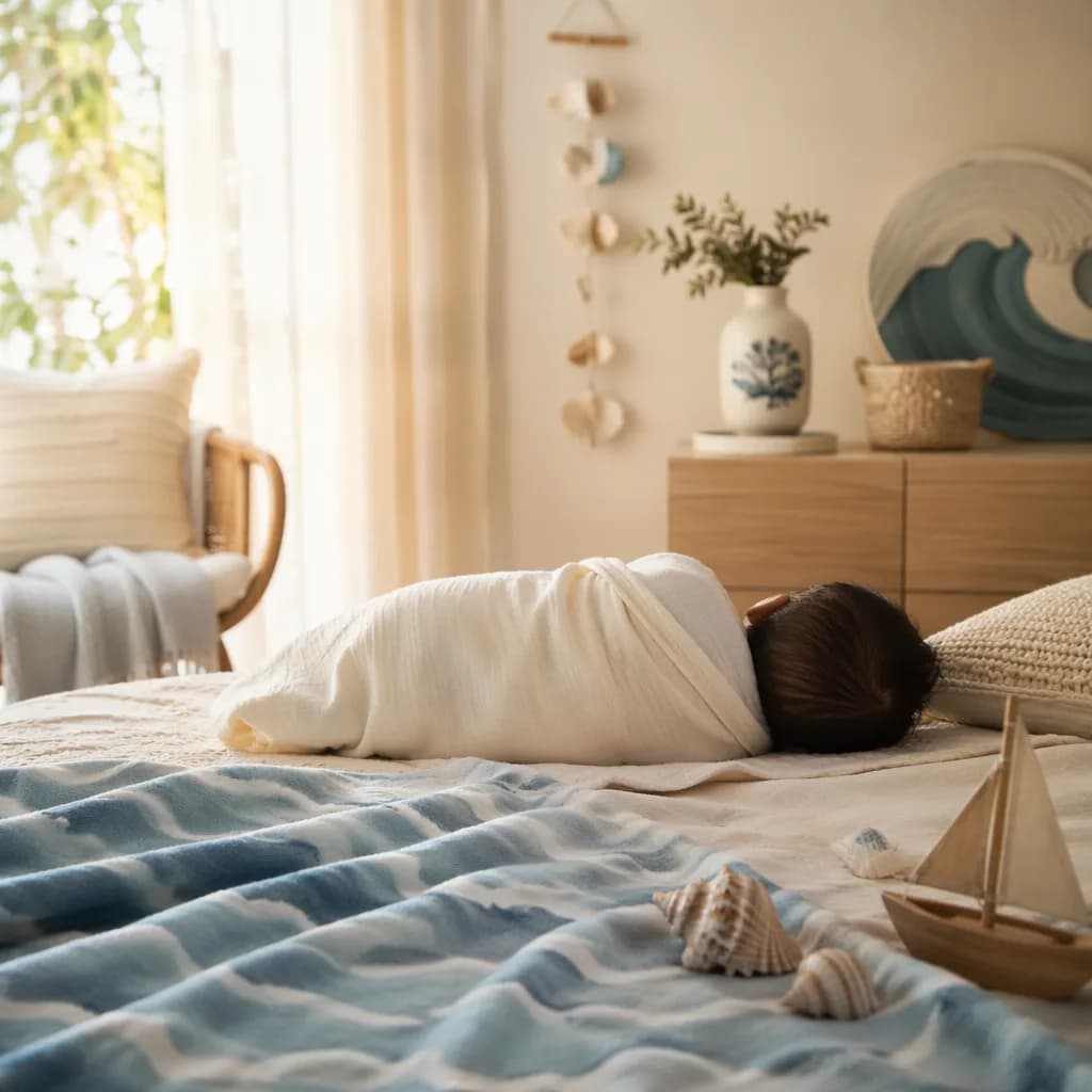 Peaceful swaddled baby in a cozy ocean-inspired nursery with soft pastel decor.