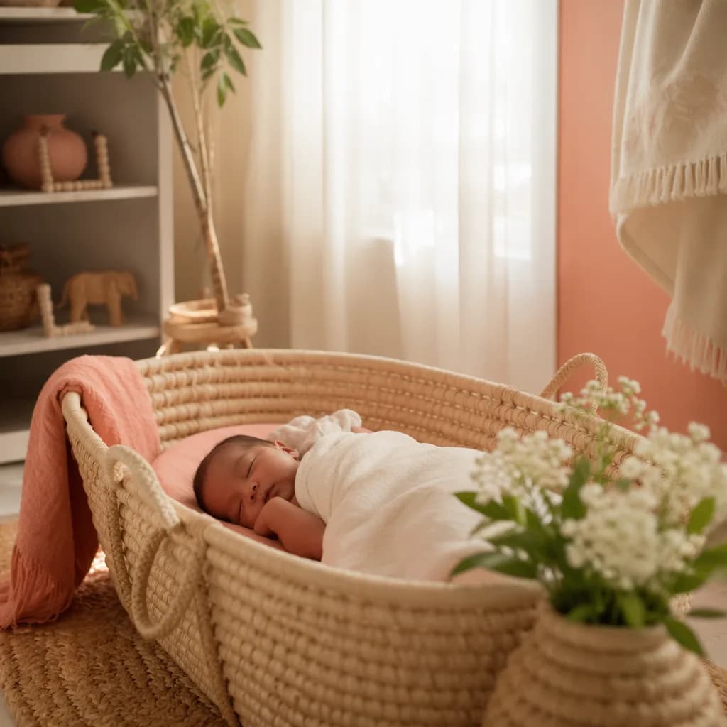 A peaceful Swahili-inspired nursery with a sleeping baby in soft natural light.