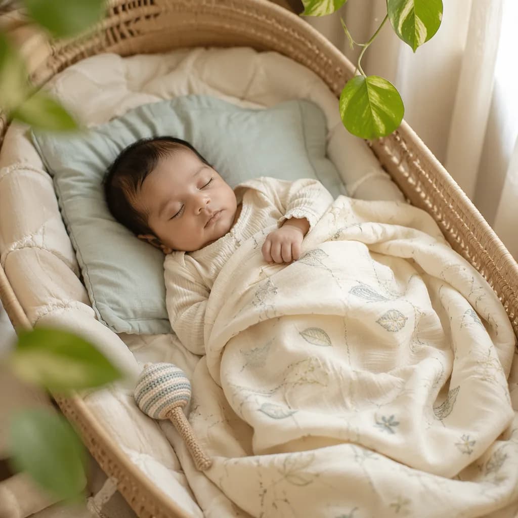 Sleeping baby in a soft pastel Bengali-inspired nursery with warm natural light.
