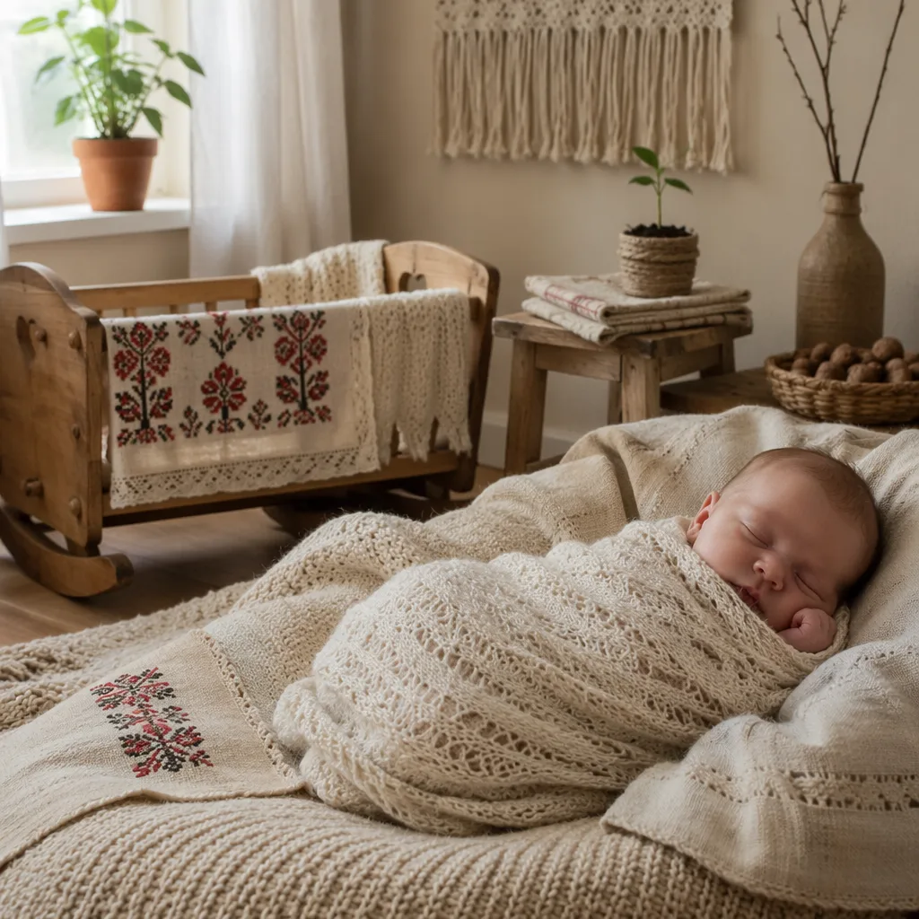 Cozy pastel nursery with a swaddled baby, Polish-inspired accents, and a small sprout symbolizing roots and heritage.