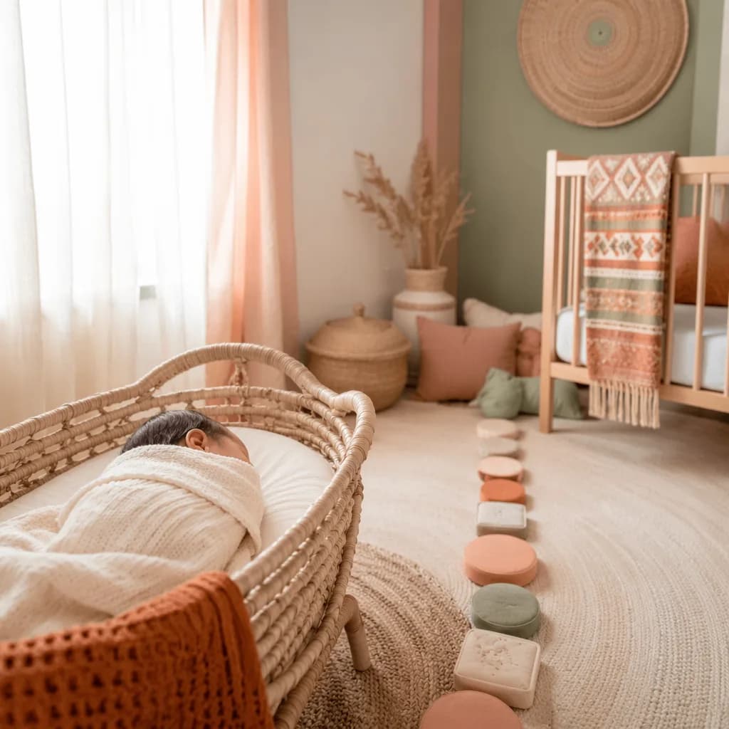 Sleeping newborn in a soft Igbo-inspired nursery with warm natural light and pastel accents.