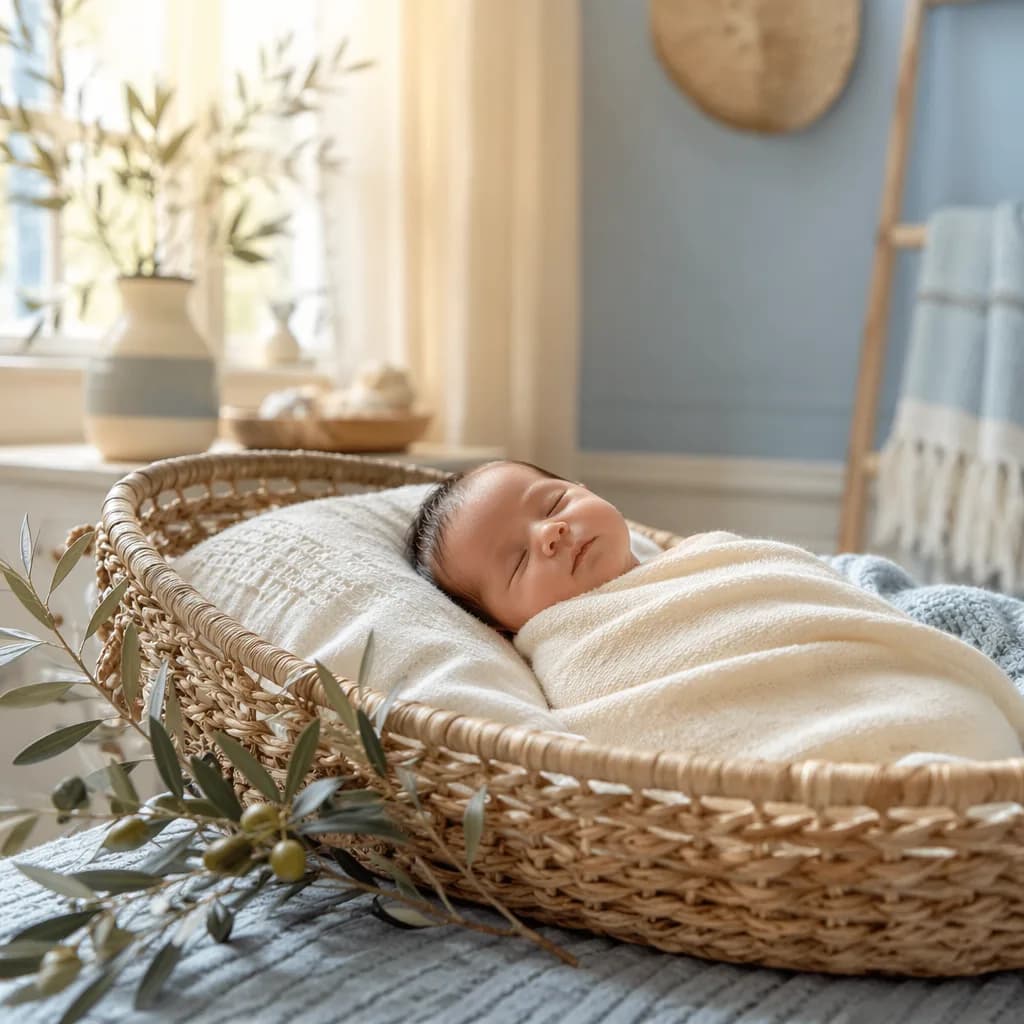 Sleeping newborn in a soft Greek-inspired nursery with olive branch details.