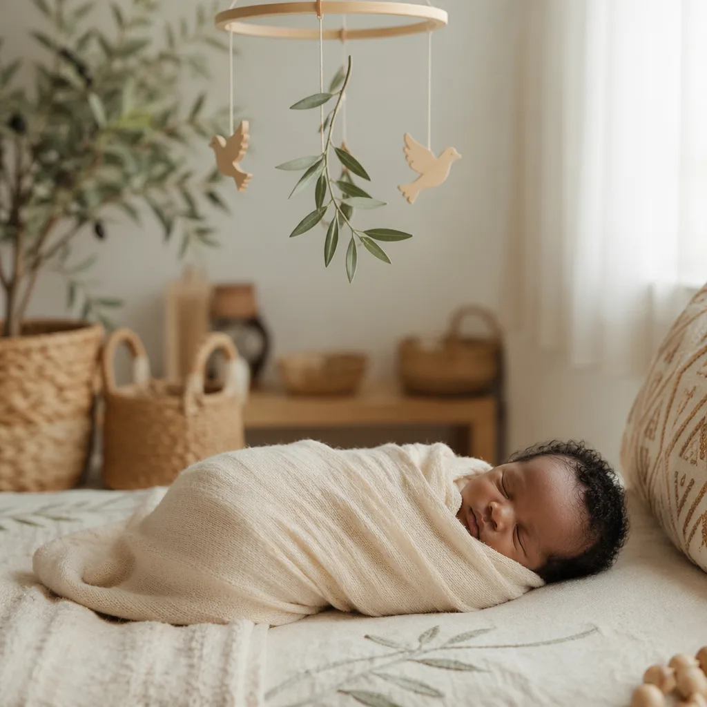 Peaceful swaddled baby in a soft pastel nursery with woven accents and gentle natural light