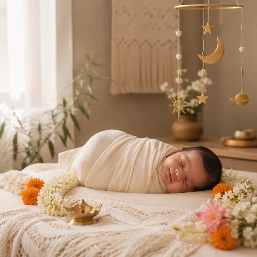 Peaceful swaddled baby in a warm pastel nursery with Indian-inspired floral and celestial decor.