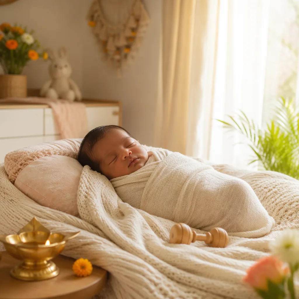 Peaceful newborn in a warm pastel nursery with soft Indian-inspired decor.