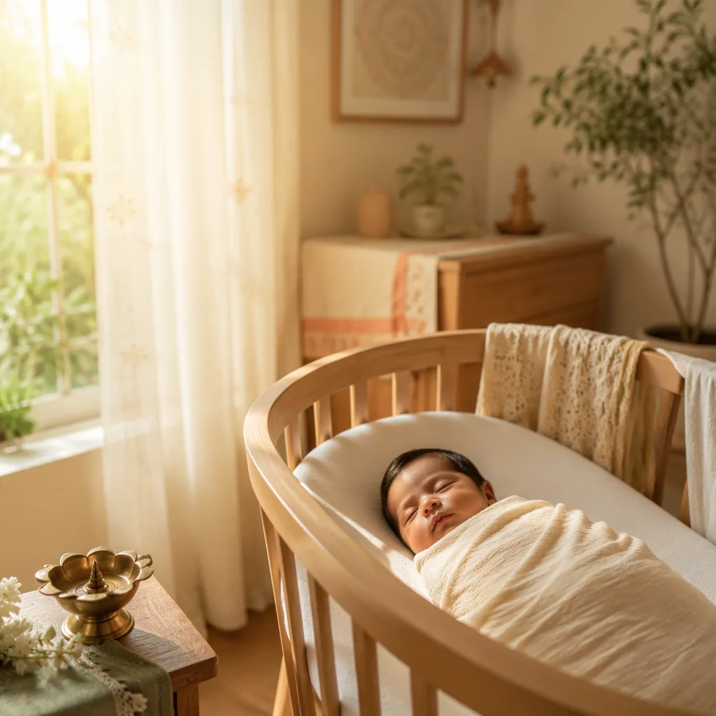 A peaceful swaddled baby in a cozy pastel nursery lit by soft morning sunlight.