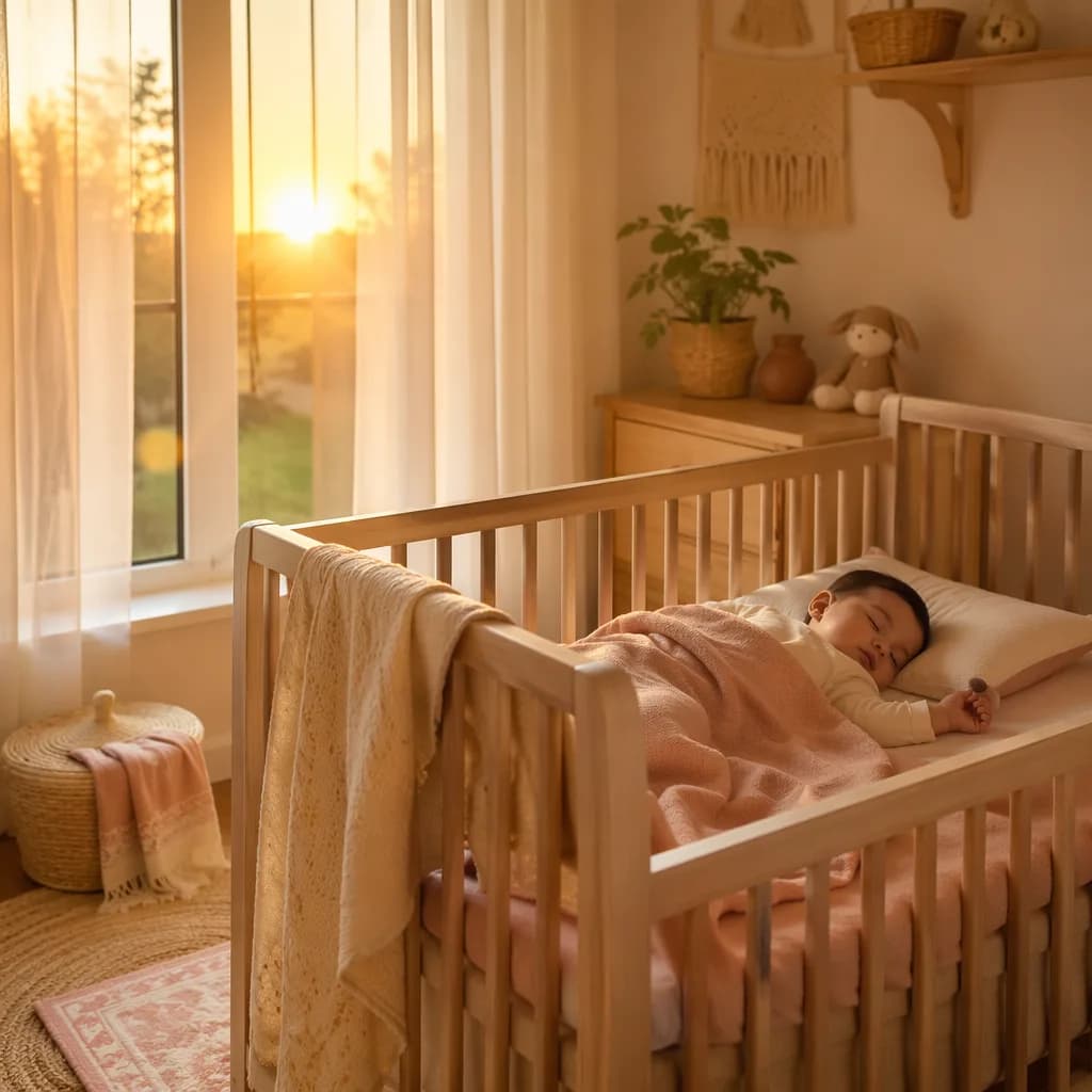 A peaceful pastel nursery at sunrise with a sleeping baby and warm golden light.