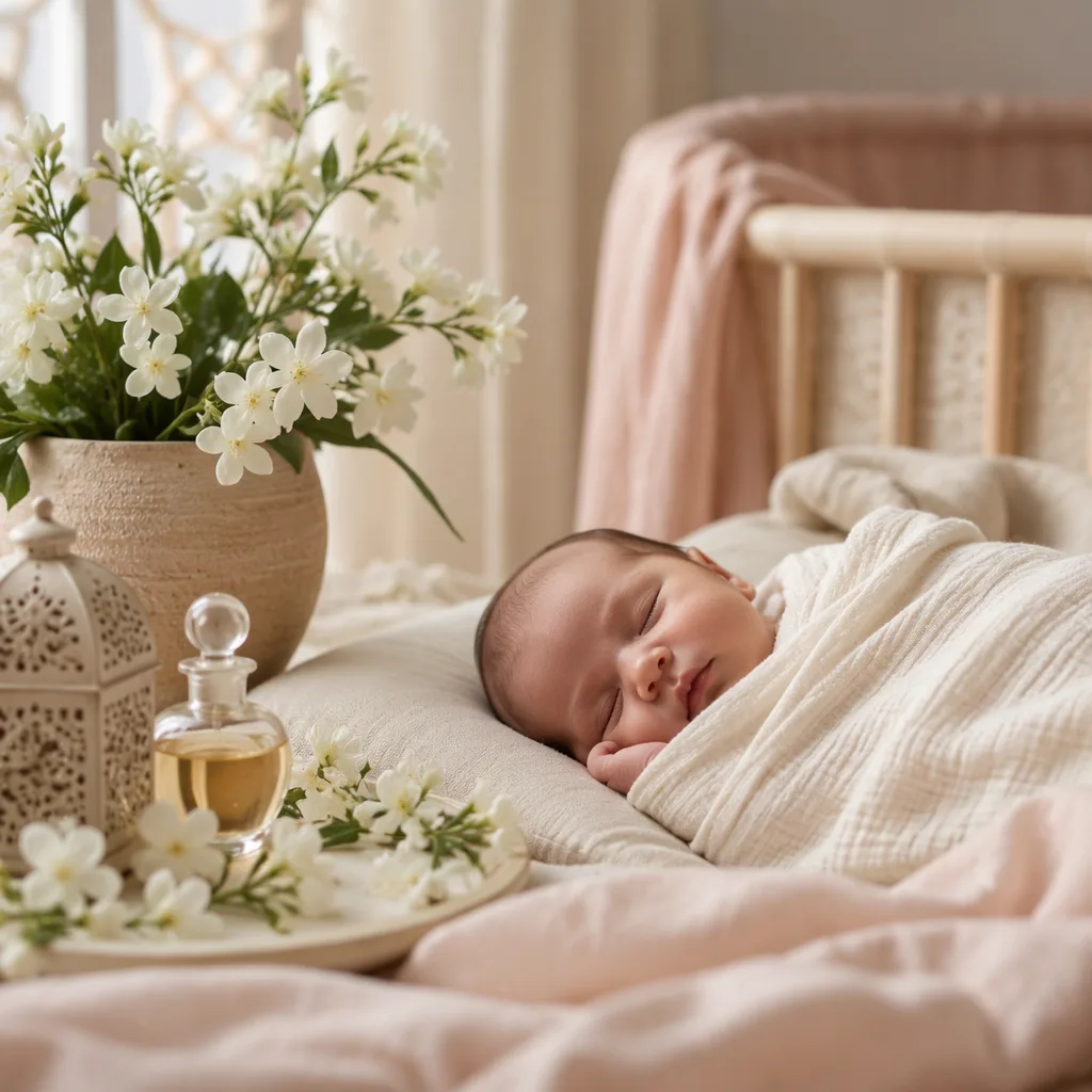 Sleeping newborn in a soft Arabic-inspired nursery with jasmine and gentle pastel decor.
