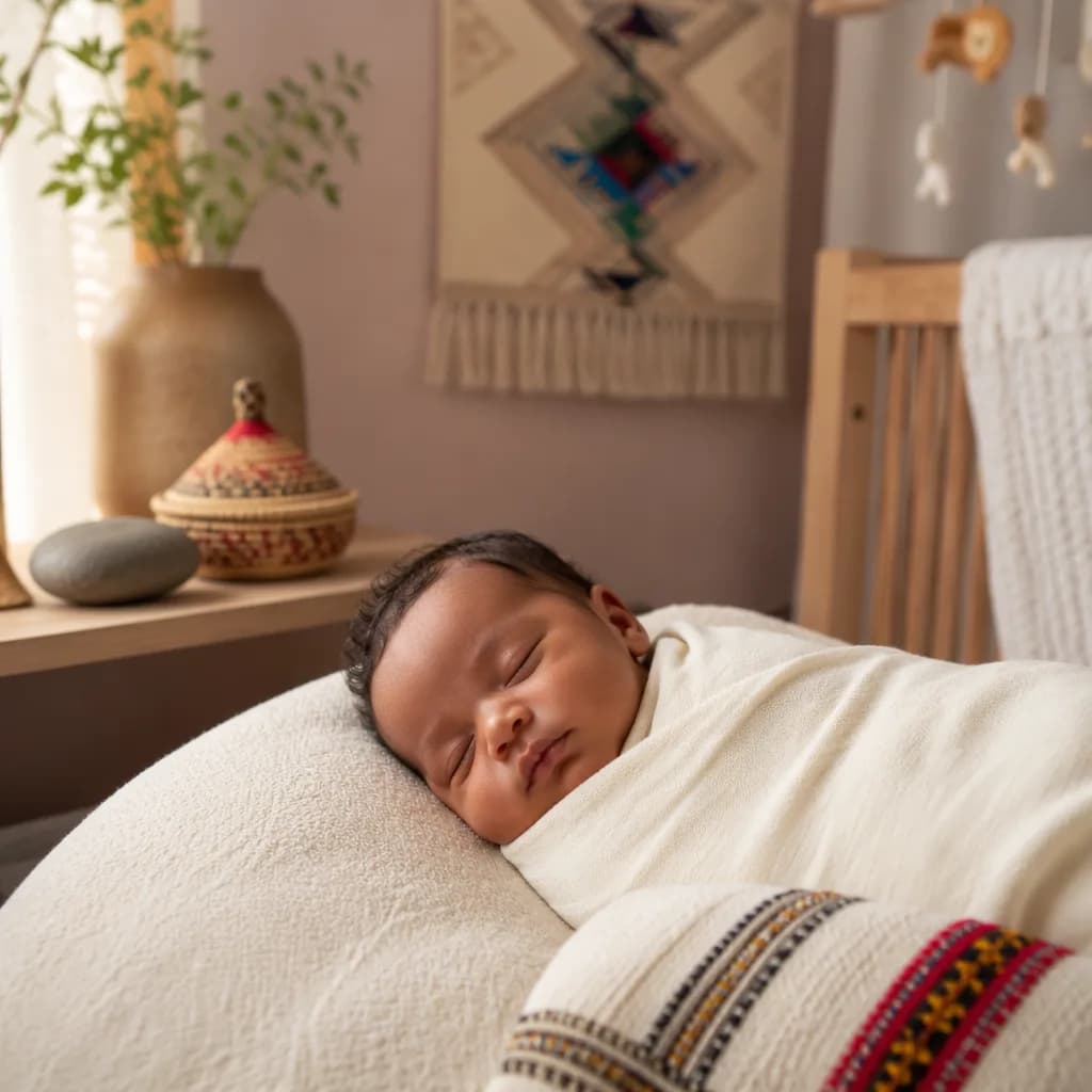 A softly lit nursery with a swaddled Ethiopian baby and a symbolic smooth stone nearby.