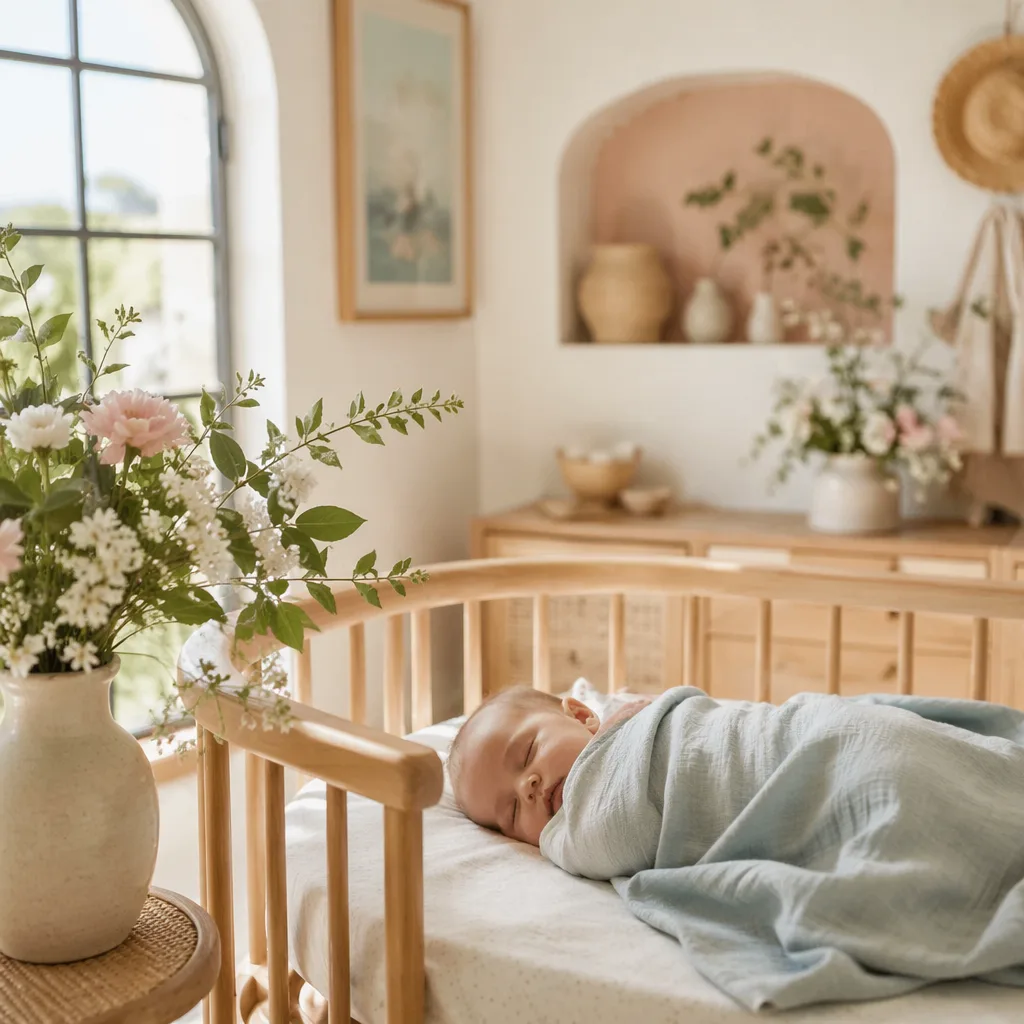 Soft pastel nursery with a sleeping baby and spring flowers.