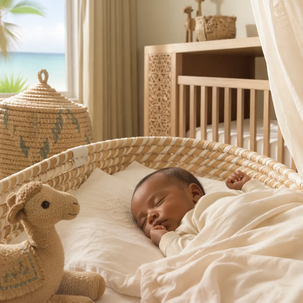 Sleeping baby in a soft Swahili-inspired nursery with woven accents and a small camel toy.