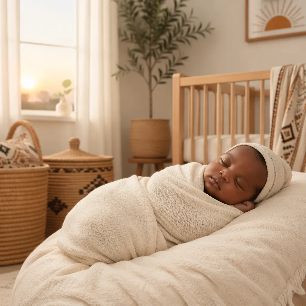Peaceful swaddled Igbo baby in a warm pastel nursery with soft sunrise light.