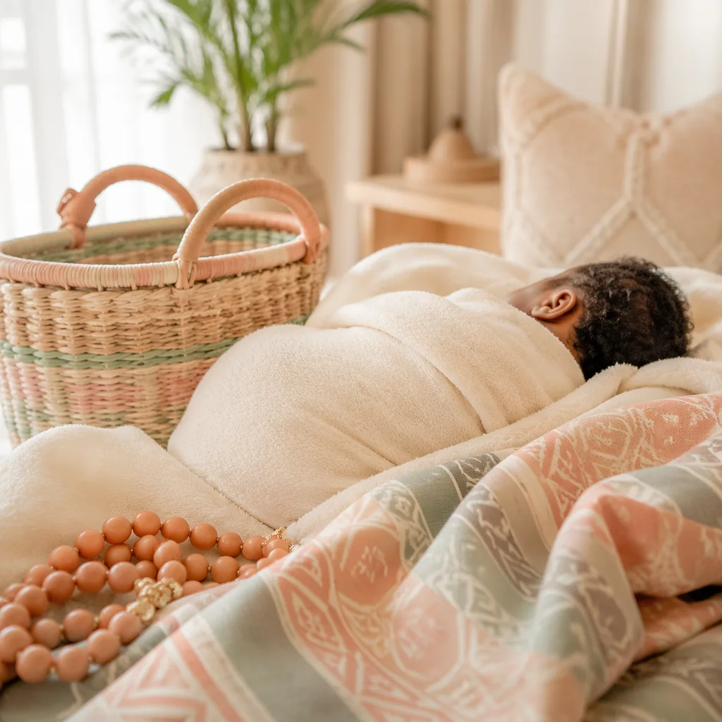 Cozy Igbo-inspired nursery scene with a swaddled newborn and soft pastel textiles.