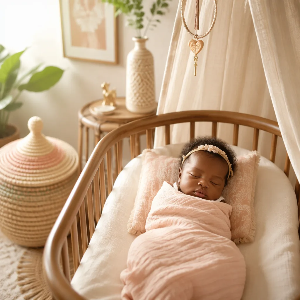 Sleeping Igbo baby in a soft pastel nursery with woven accents and gentle natural light.