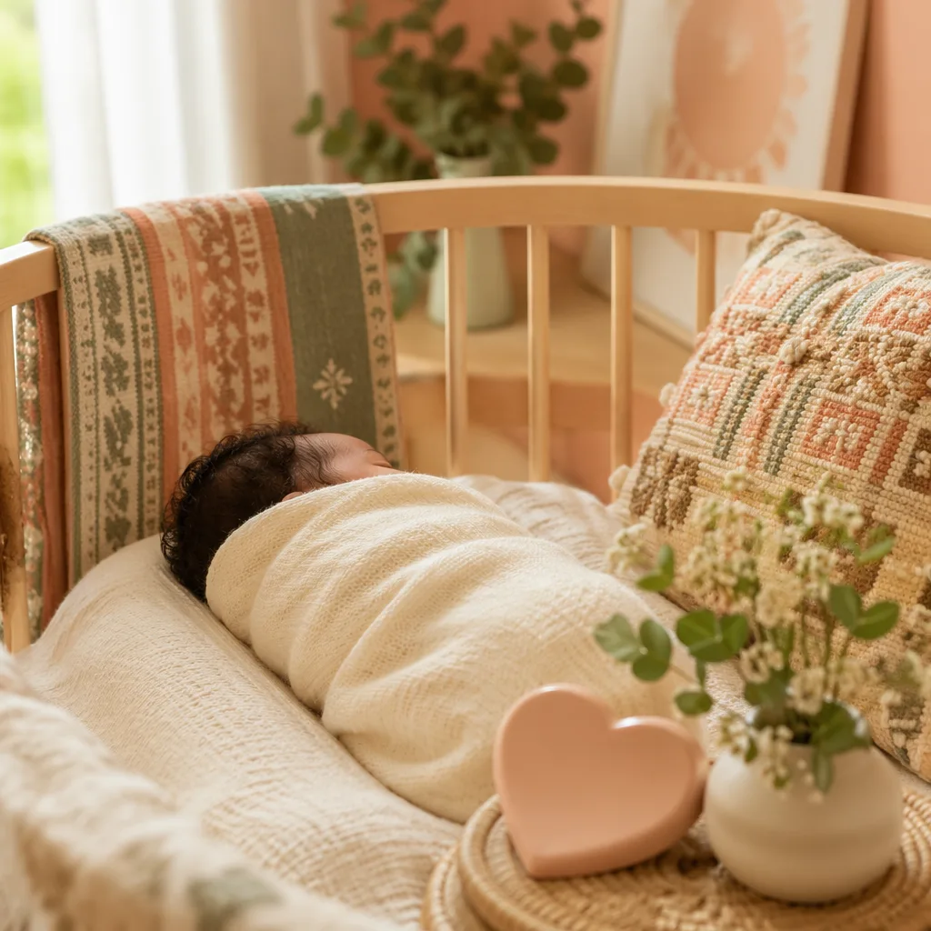 Peaceful Igbo-inspired nursery scene with a swaddled newborn in soft natural light.