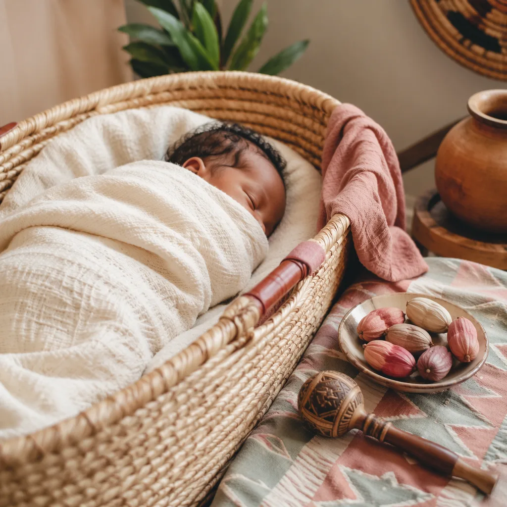 Sleeping newborn in a cozy nursery with soft Igbo-inspired details and warm natural light.