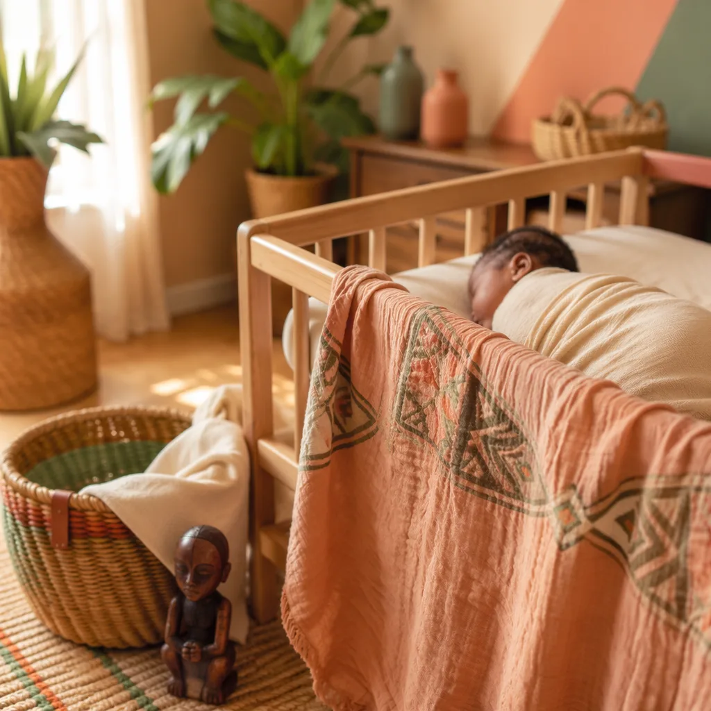 A peaceful newborn in a warm pastel nursery with subtle Igbo-inspired decor.