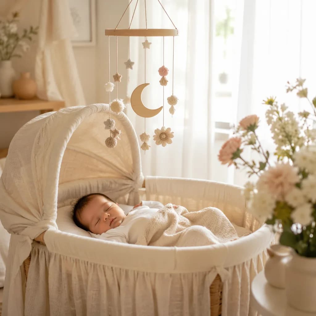A peaceful baby nursery with soft pastel decor and warm natural light.