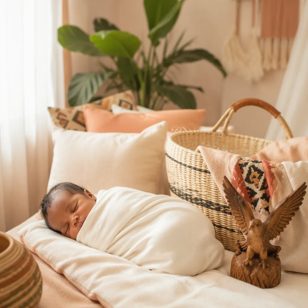 A peaceful swaddled newborn in a softly lit nursery with woven accents and a small eagle figurine.