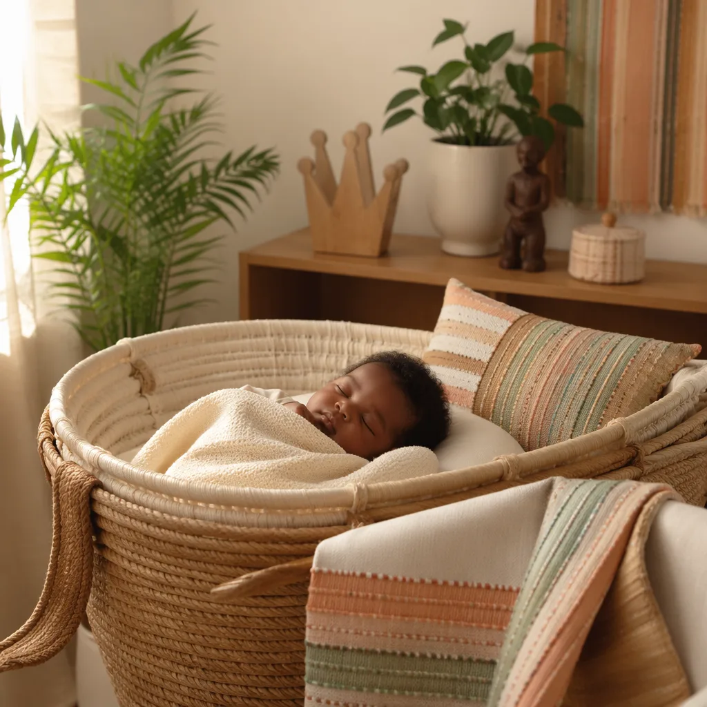 Sleeping Nigerian baby in a soft pastel nursery with Yoruba-inspired textile accents.