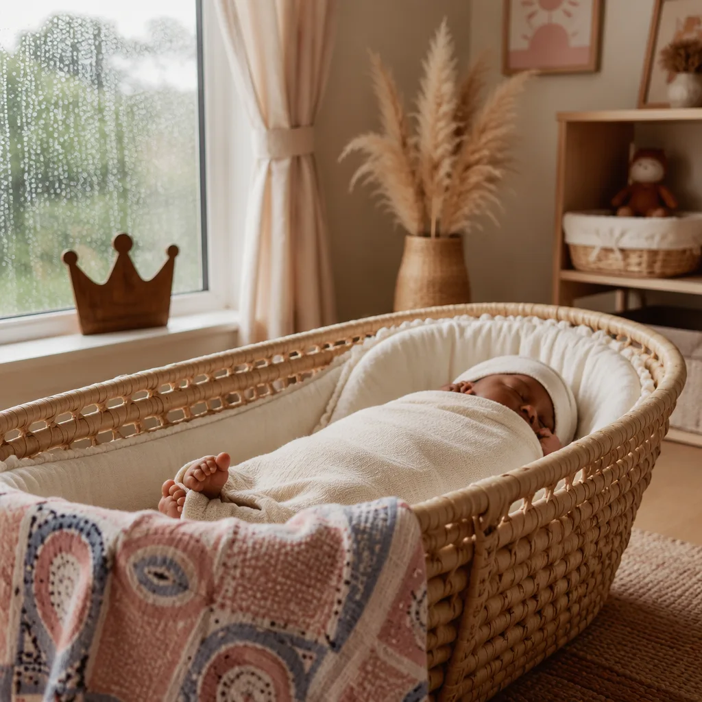 Sleeping newborn in a cozy Yoruba-inspired nursery with soft pastel decor.