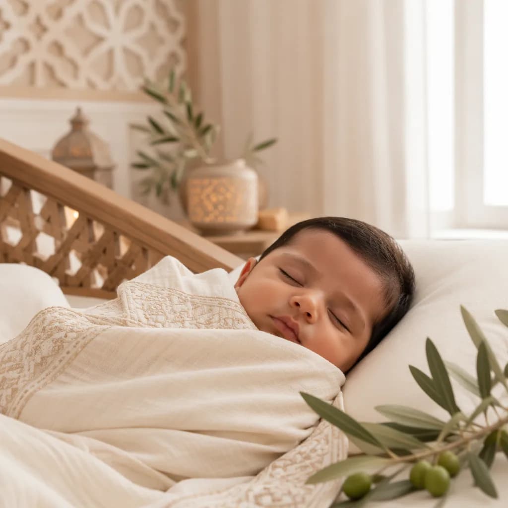 Sleeping baby in a warm Arabic-inspired nursery with soft pastel decor.