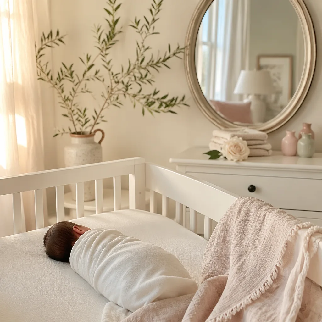 Peaceful Italian nursery with a swaddled baby, soft linens, olive branch, and gentle morning light.