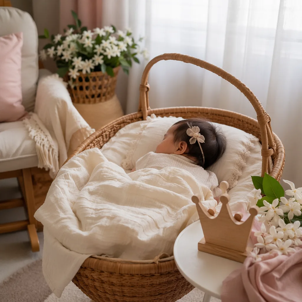 A Filipino baby sleeping in a soft pastel nursery with sampaguita flowers and a small wooden crown.